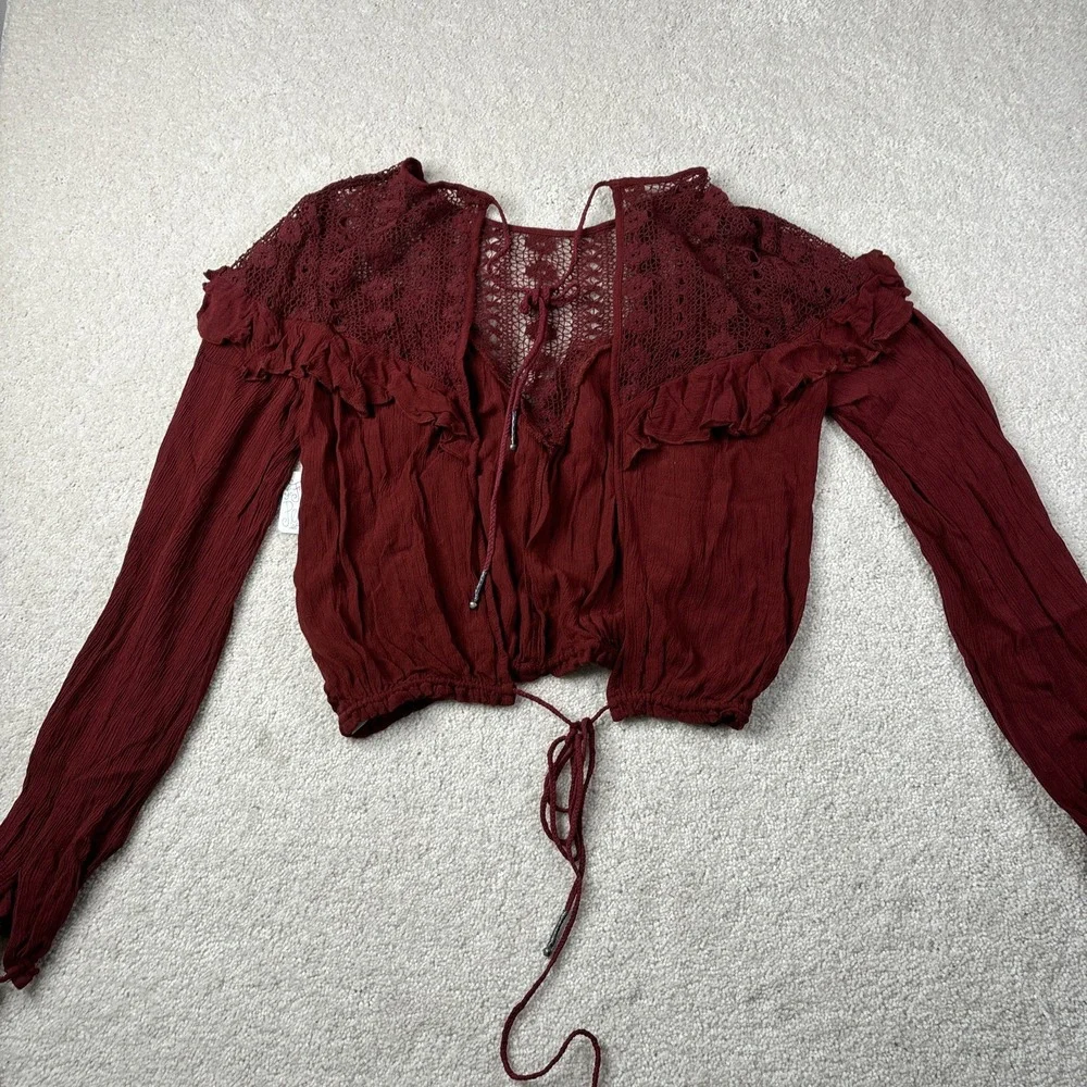 Free People Top Women's Size Small Maroon Lace‎ Open Back Long Sleeve Tie NWT